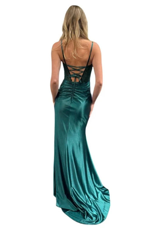 Sleeveless Beaded Corset Lace-Up Back Prom Dress with Sweep Train & Side Slit by Trevi TL3048L