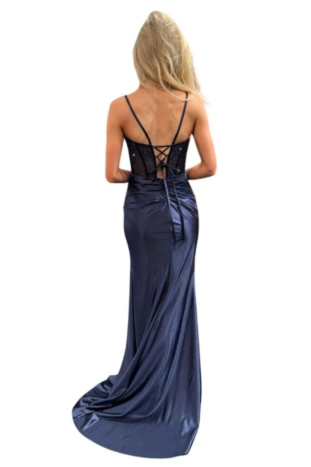 Sleeveless Beaded Corset Lace-Up Back Prom Dress with Sweep Train & Side Slit by Trevi TL3048L