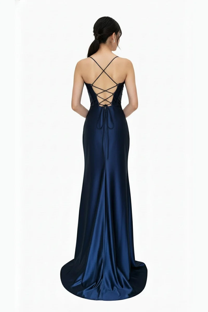 Sleeveless Cowl Neck Satin Sheath Prom Dress with Thigh-High Slit & Lace-Up Back by Trevi TL3053L