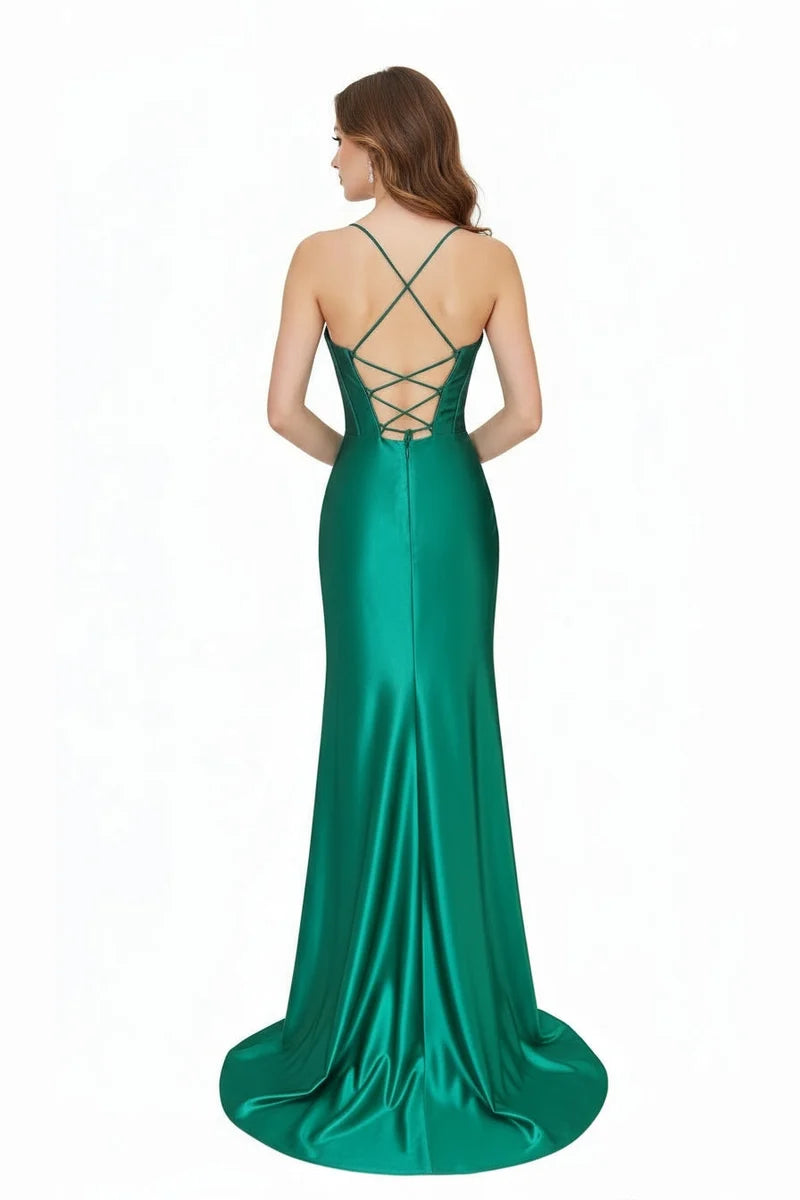 Sleeveless Cowl Neck Satin Sheath Prom Dress with Thigh-High Slit & Lace-Up Back by Trevi TL3053L
