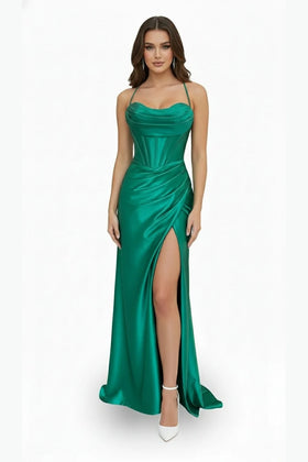 Sleeveless Cowl Neck Satin Sheath Prom Dress with Thigh-High Slit & Lace-Up Back by Trevi TL3053L