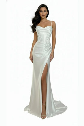 Off-White Sleeveless Satin Cowl Neck Wedding Dress with High Slit & Lace-Up Back by Trevi TL3053L