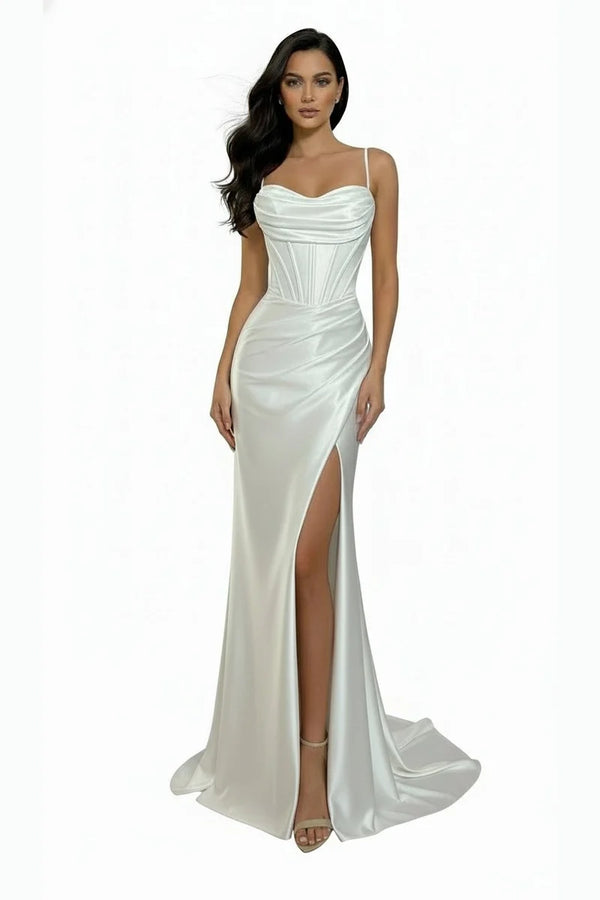Off-White Sleeveless Satin Cowl Neck Wedding Dress with High Slit & Lace-Up Back by Trevi TL3053L