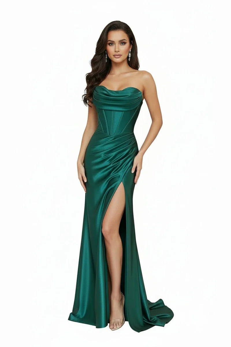 Sleeveless Cowl Neck Satin Sheath Prom Dress with Thigh-High Slit & Lace-Up Back by Trevi TL3053L