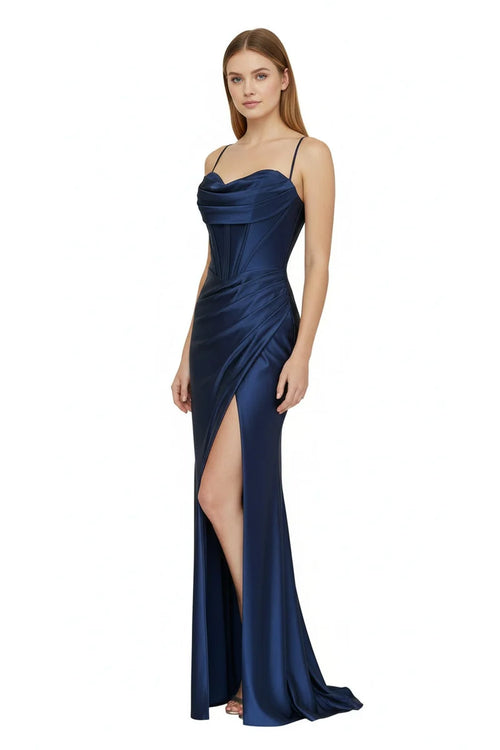 Sleeveless Cowl Neck Satin Sheath Prom Dress with Thigh-High Slit & Lace-Up Back by Trevi TL3053L