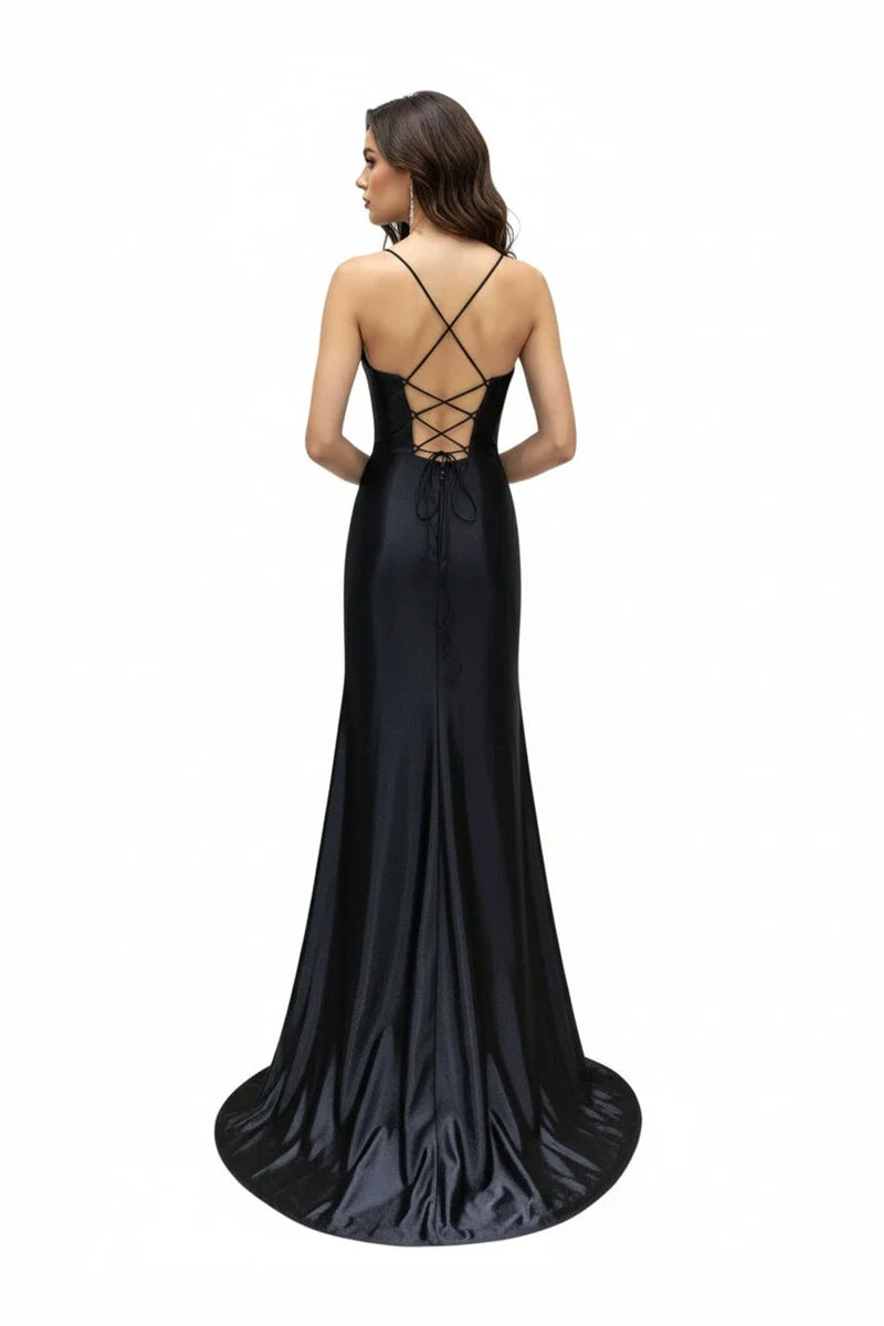 Sleeveless Cowl Neck Satin Sheath Prom Dress with Thigh-High Slit & Lace-Up Back by Trevi TL3053L