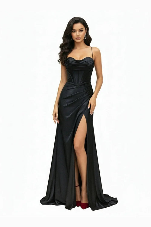 Sleeveless Cowl Neck Satin Sheath Prom Dress with Thigh-High Slit & Lace-Up Back by Trevi TL3053L