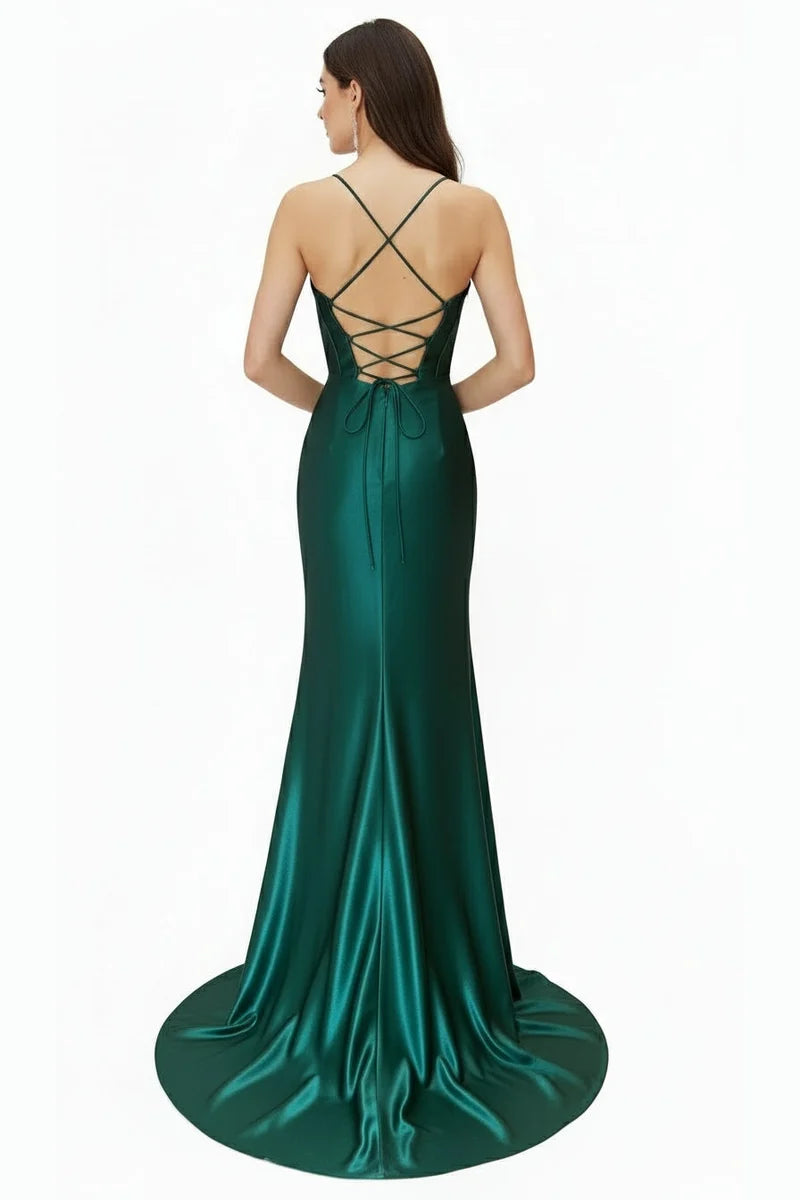 Sleeveless Cowl Neck Satin Sheath Prom Dress with Thigh-High Slit & Lace-Up Back by Trevi TL3053L