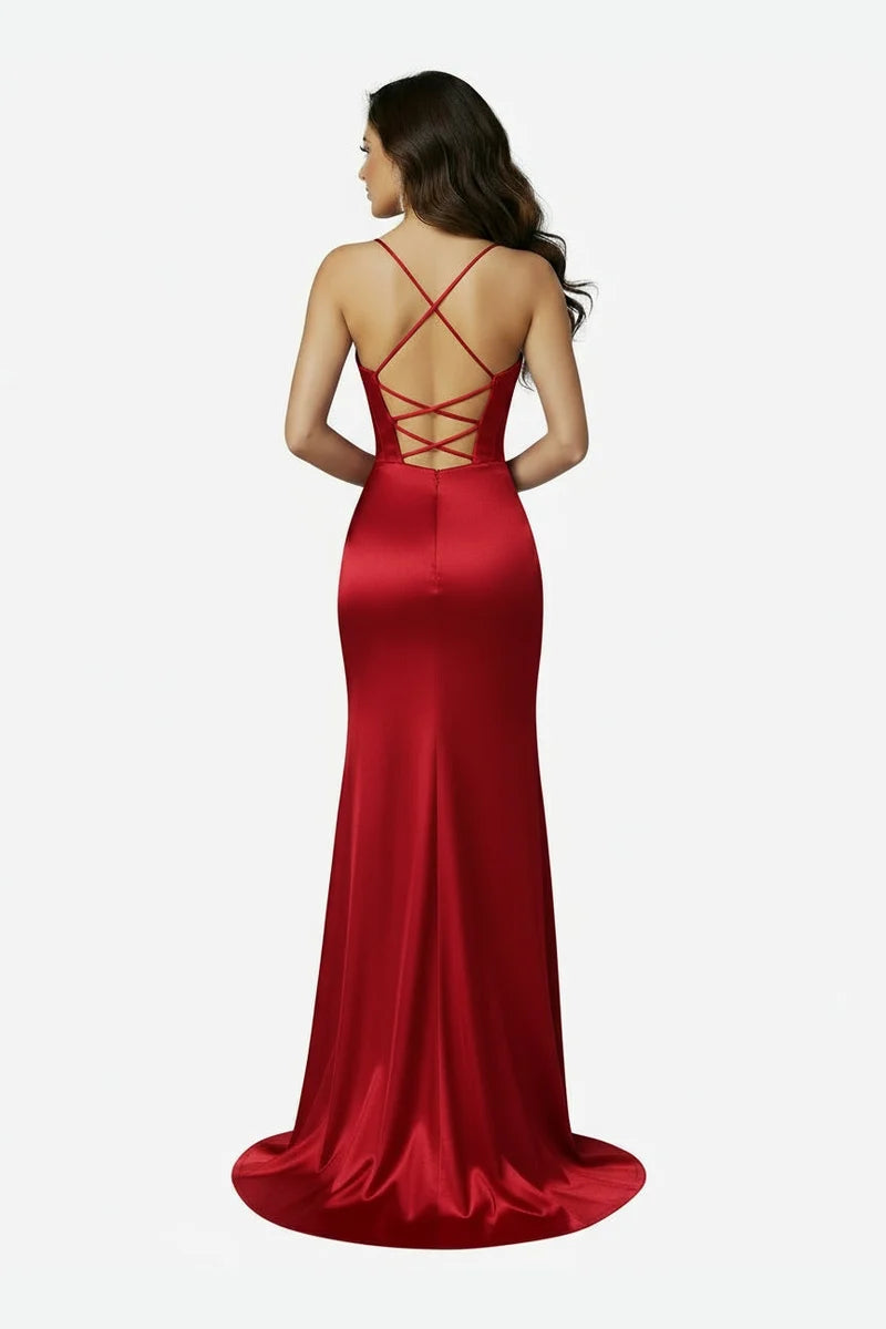 Sleeveless Cowl Neck Satin Sheath Prom Dress with Thigh-High Slit & Lace-Up Back by Trevi TL3053L