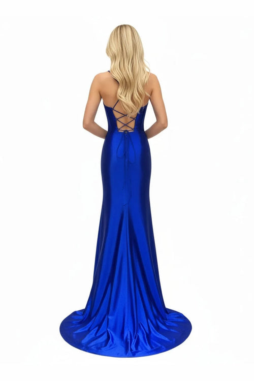 Sleeveless Cowl Neck Satin Sheath Prom Dress with Thigh-High Slit & Lace-Up Back by Trevi TL3053L