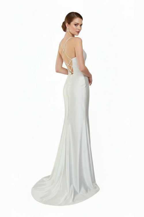 Off-White Sleeveless Satin Cowl Neck Wedding Dress with High Slit & Lace-Up Back by Trevi TL3053L