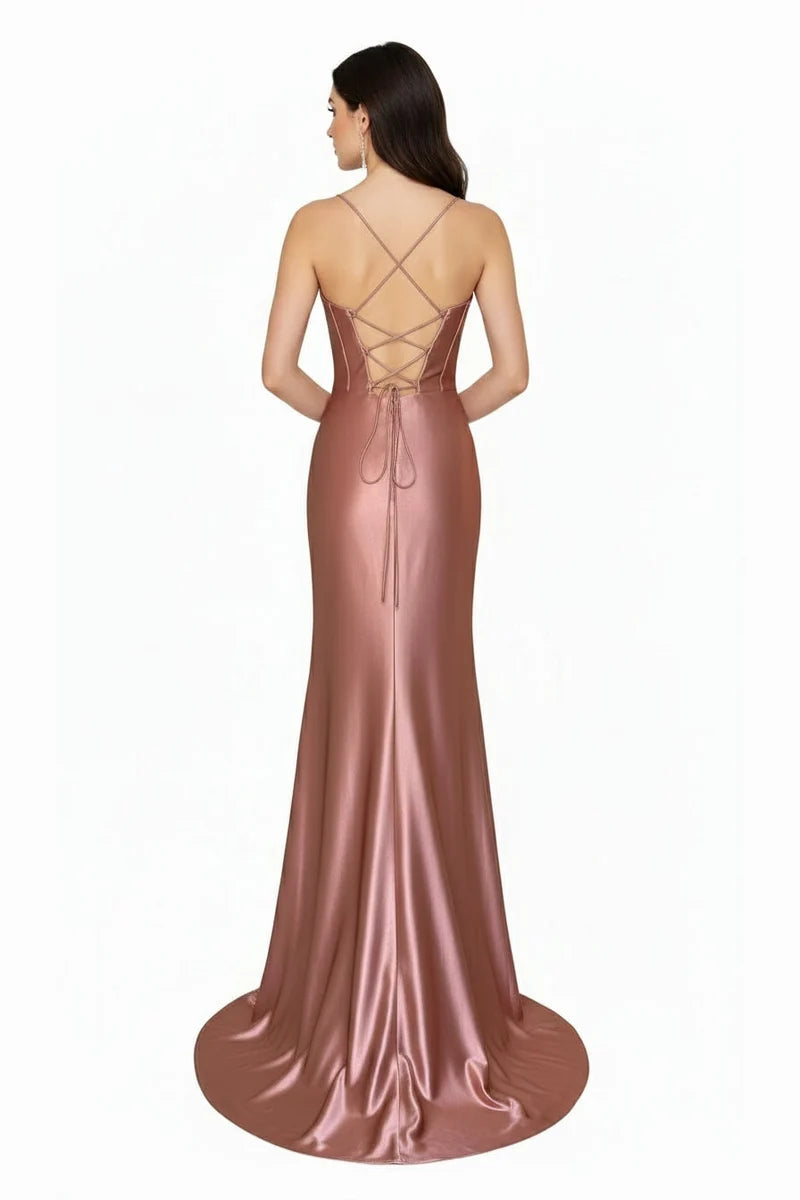 Sleeveless Cowl Neck Satin Sheath Prom Dress with Thigh-High Slit & Lace-Up Back by Trevi TL3053L