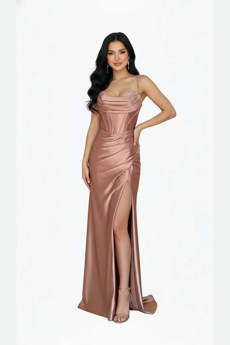 Sleeveless Cowl Neck Satin Sheath Prom Dress with Thigh-High Slit & Lace-Up Back by Trevi TL3053L