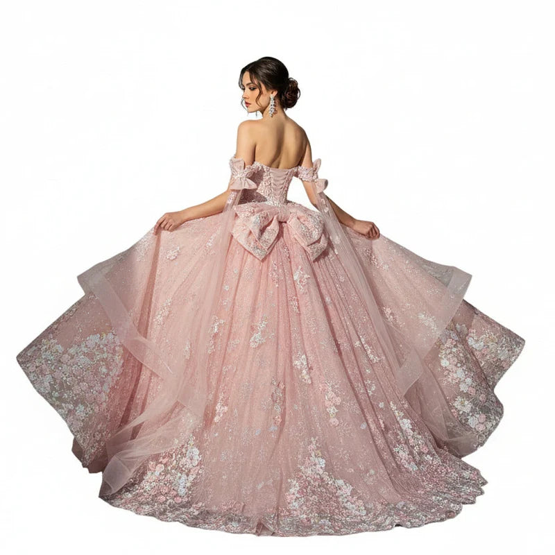 Off-Shoulder Quinceañera Gown with Floral Sweetheart Neckline & Corset Back Bow by Trevi TL3073C