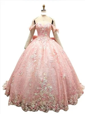 Off-Shoulder Quinceañera Gown with Floral Sweetheart Neckline & Corset Back Bow by Trevi TL3073C
