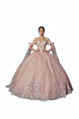 Off-Shoulder Quinceañera Gown with Floral Sweetheart Neckline & Corset Back Bow by Trevi TL3073C