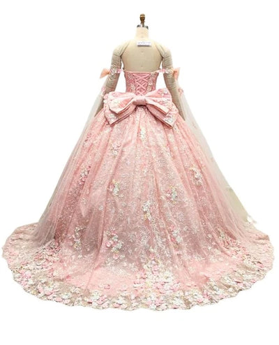 Off-Shoulder Quinceañera Gown with Floral Sweetheart Neckline & Corset Back Bow by Trevi TL3073C