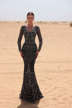 Chic and Holland HF110036 V-Neck Long Sleeve Beaded Evening Gown