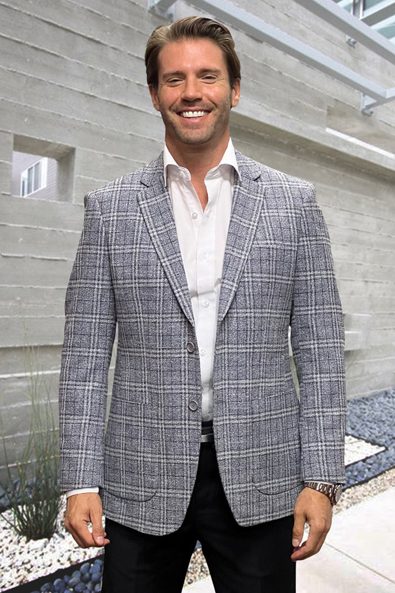 Blazer deportivo de corte moderno para hombre, de lana y cachemira, con bolsillo de parche y cuadros grises.