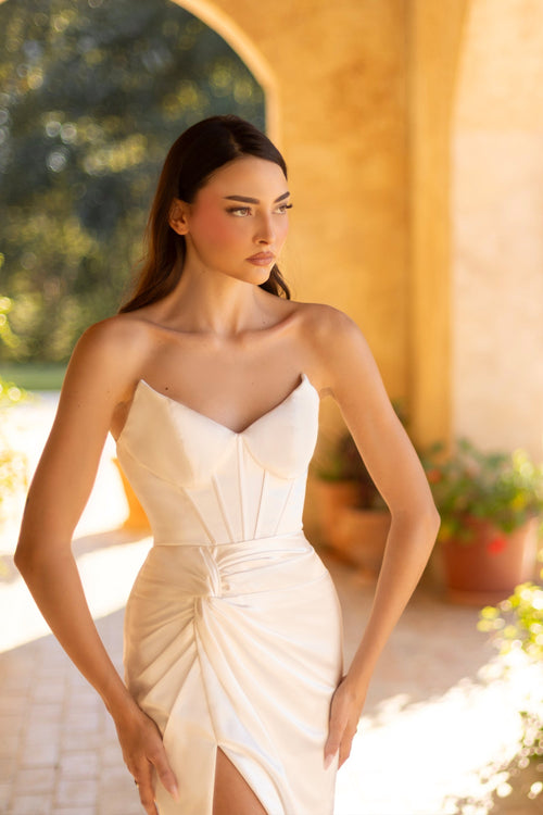 Tina Holly TT003W Wedding Strapless Sweetheart High Slit Pleated Satin Dress