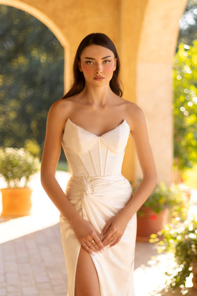 Tina Holly TT003W Wedding Strapless Sweetheart High Slit Pleated Satin Dress