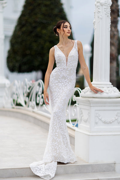 Tina Holly TW108 Wedding Mermaid Flowy Plunging V-Neck Lace Dress