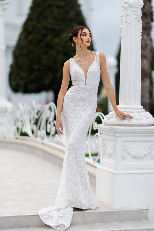 Tina Holly TW108 Wedding Mermaid Flowy Plunging V-Neck Lace Dress