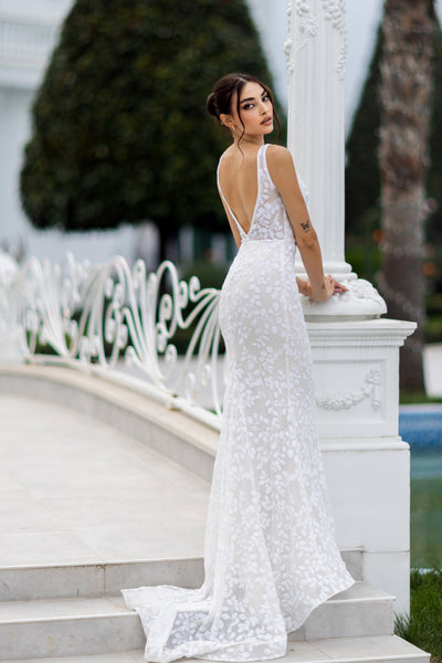 Tina Holly TW108 Wedding Mermaid Flowy Plunging V-Neck Lace Dress