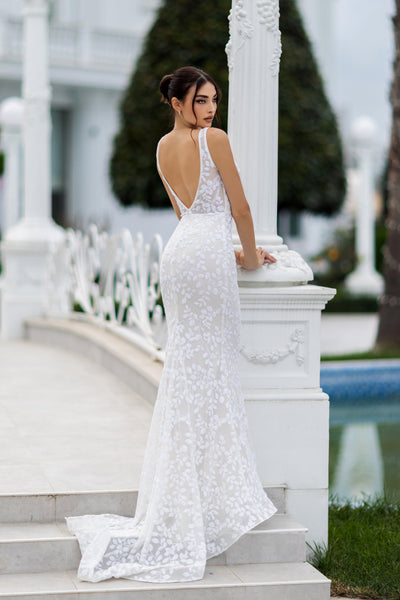 Tina Holly TW108 Wedding Mermaid Flowy Plunging V-Neck Lace Dress