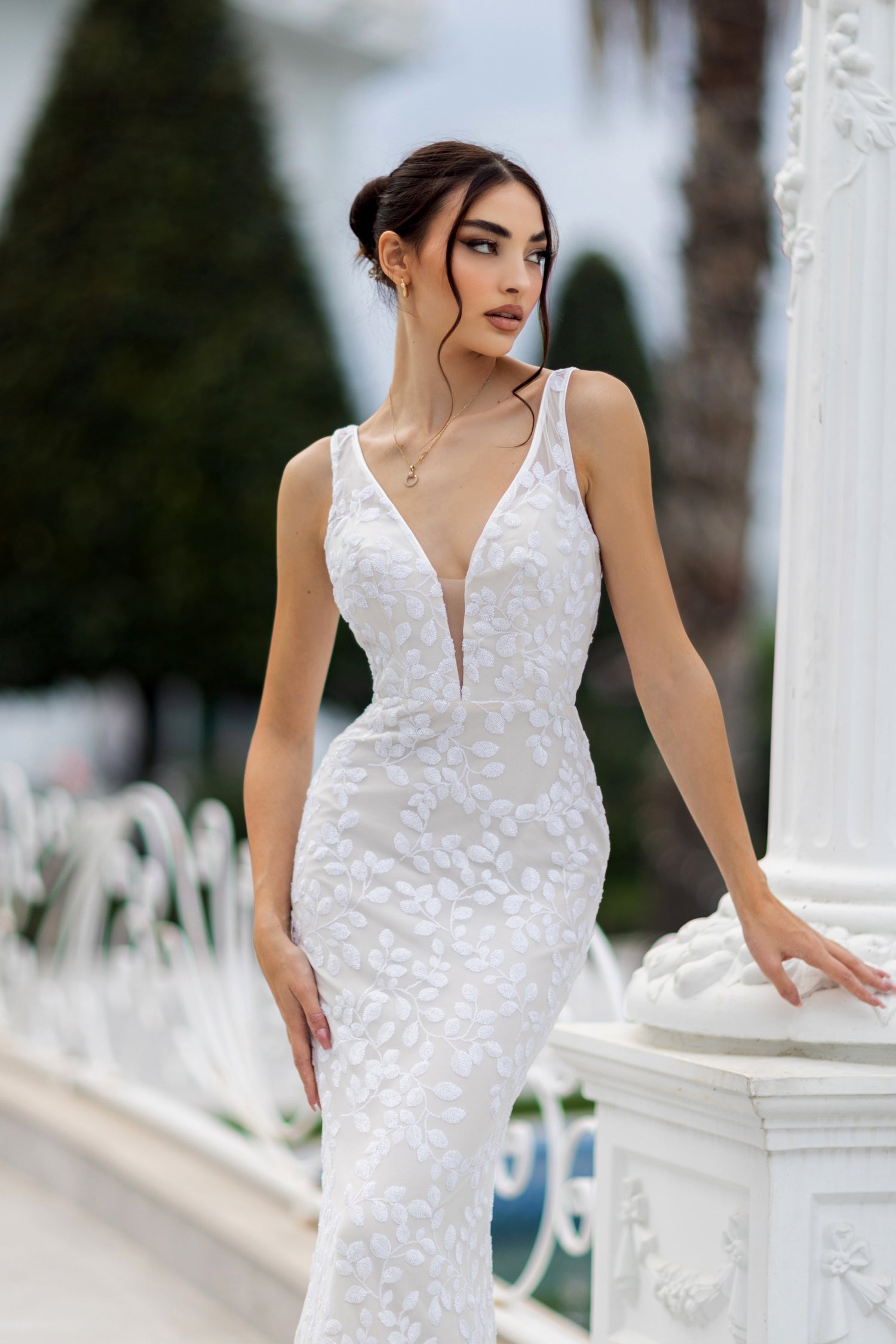 Tina Holly TW108 Wedding Mermaid Flowy Plunging V-Neck Lace Dress