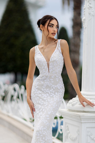 Tina Holly TW108 Wedding Mermaid Flowy Plunging V-Neck Lace Dress
