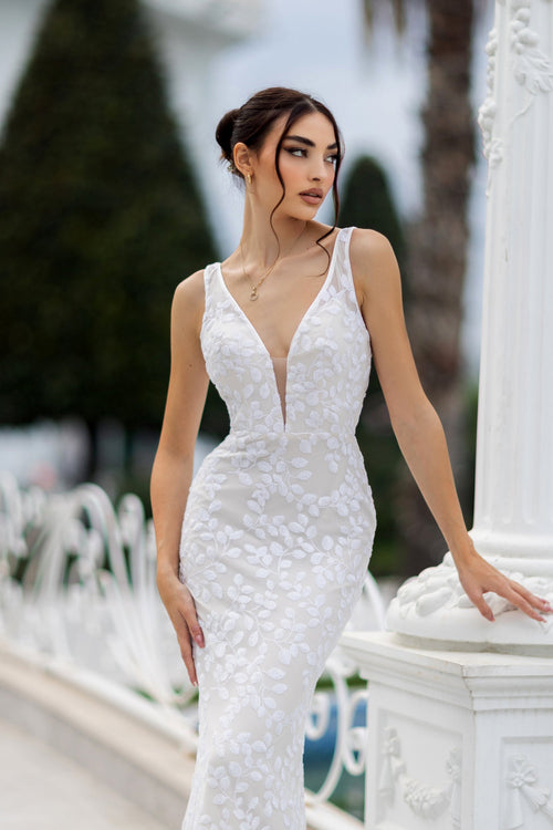 Tina Holly TW108 Wedding Mermaid Flowy Plunging V-Neck Lace Dress