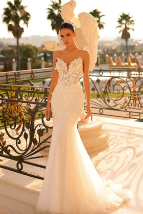 Tina Holly TW120 Wedding Mermaid Spaghetti Strap 3D Lace Tulle Lace Dress