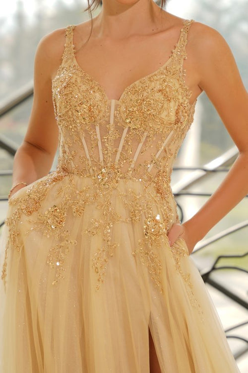 Lace Applique A-Line Dress with Corset Bodice Sweetheart Neckline High Slit by Tina Holly TW610