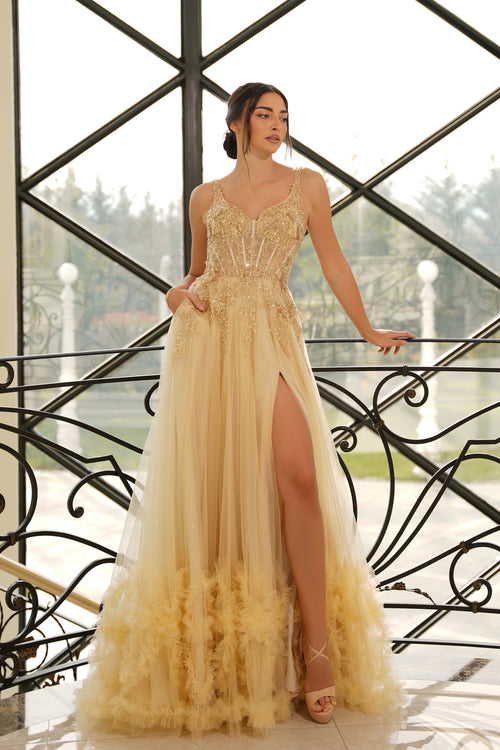 Lace Applique A-Line Dress with Corset Bodice Sweetheart Neckline High Slit by Tina Holly TW610