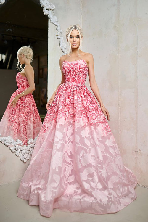 Strapless Floral Jacquard A-Line Gown Corset Prom Dress with Sweep Train by Tina Holly TW624