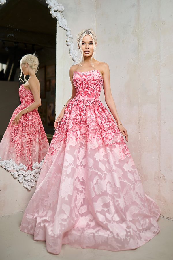 Strapless Floral Jacquard A-Line Gown Corset Prom Dress with Sweep Train by Tina Holly TW624