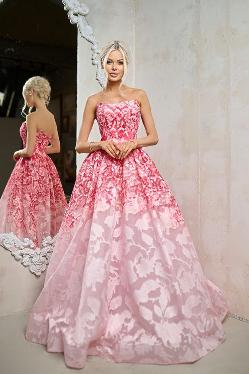 Strapless Floral Jacquard A-Line Gown Corset Prom Dress with Sweep Train by Tina Holly TW624