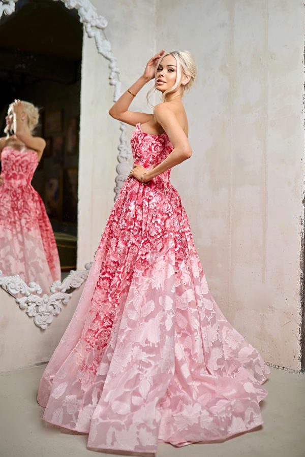 Strapless Floral Jacquard A-Line Gown Corset Prom Dress with Sweep Train by Tina Holly TW624