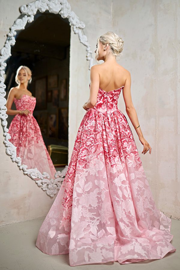 Strapless Floral Jacquard A-Line Gown Corset Prom Dress with Sweep Train by Tina Holly TW624