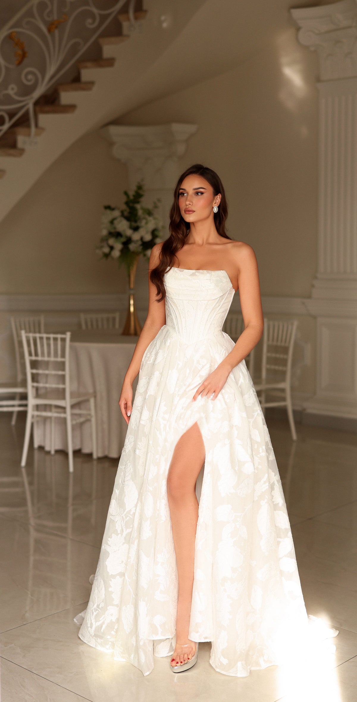 Off-White Floral Jacquard Wedding Dress with Detachable Off-Shoulder Straps by Tina Holly TW623