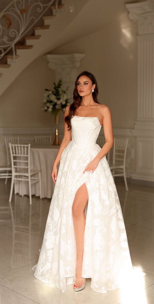 Off-White Floral Jacquard Wedding Dress with Detachable Off-Shoulder Straps by Tina Holly TW623