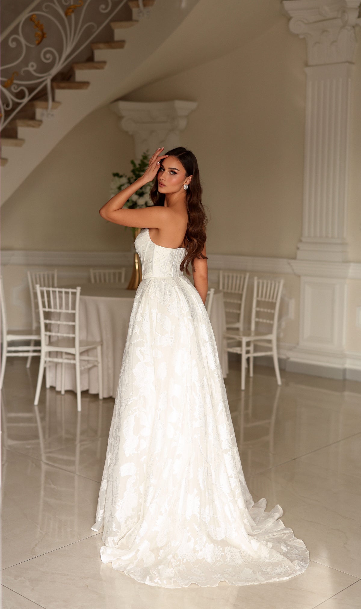 Off-White Floral Jacquard Wedding Dress with Detachable Off-Shoulder Straps by Tina Holly TW623