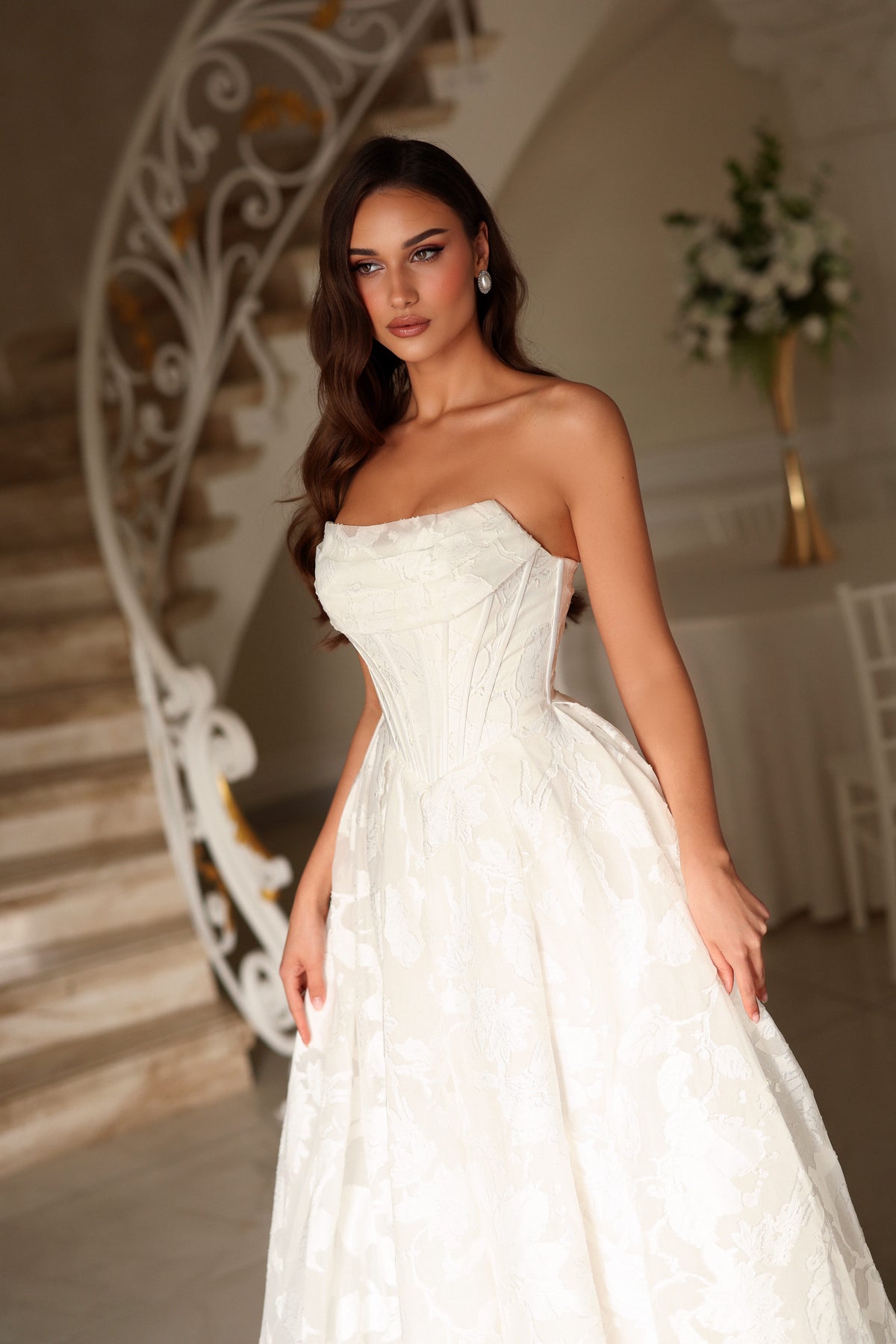 Off-White Floral Jacquard Wedding Dress with Detachable Off-Shoulder Straps by Tina Holly TW623