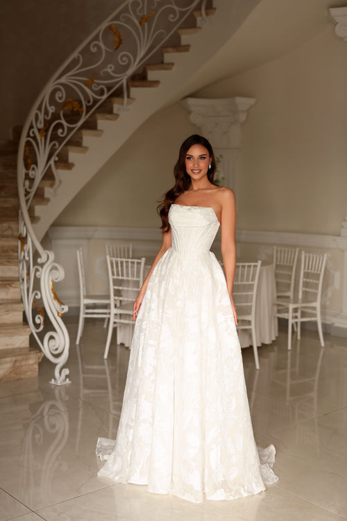 Off-White Floral Jacquard Wedding Dress with Detachable Off-Shoulder Straps by Tina Holly TW623
