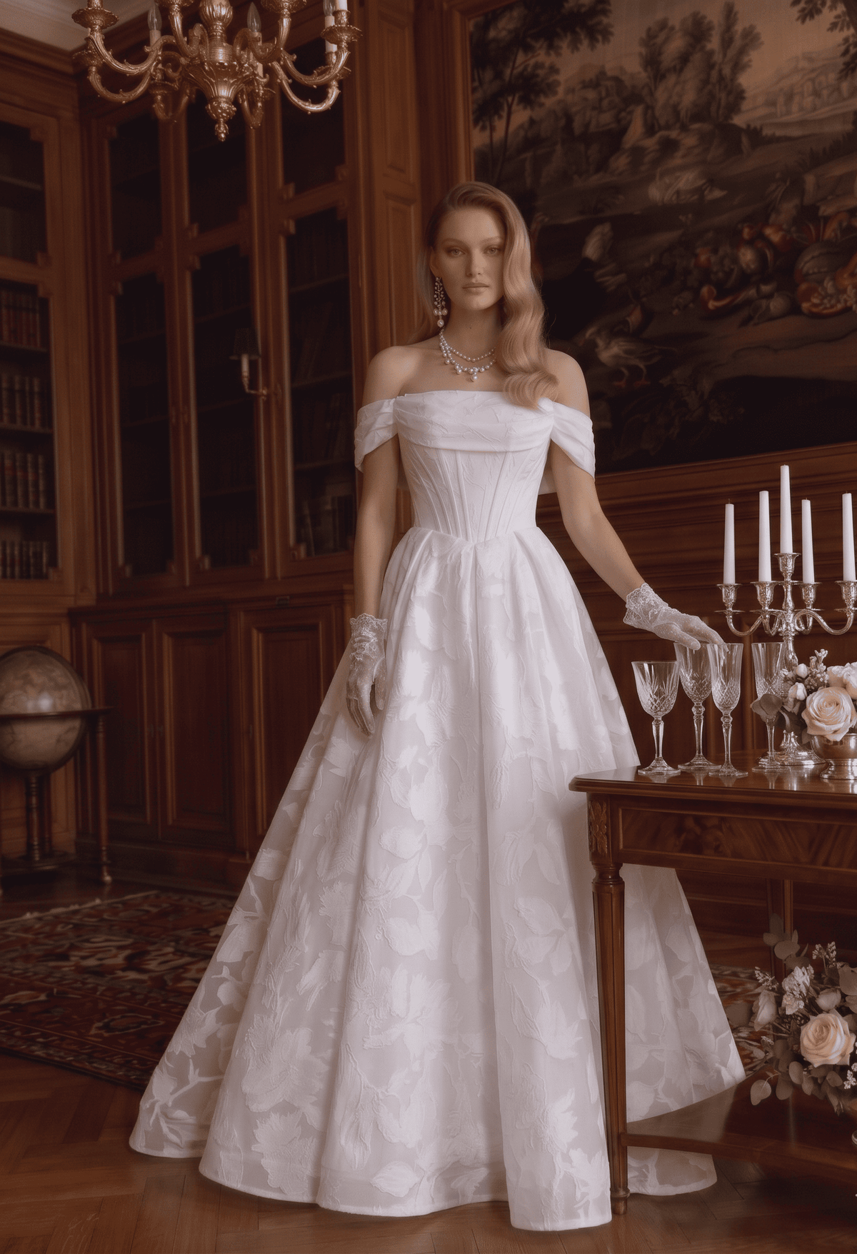 Off-White Floral Jacquard Wedding Dress with Detachable Off-Shoulder Straps by Tina Holly TW623