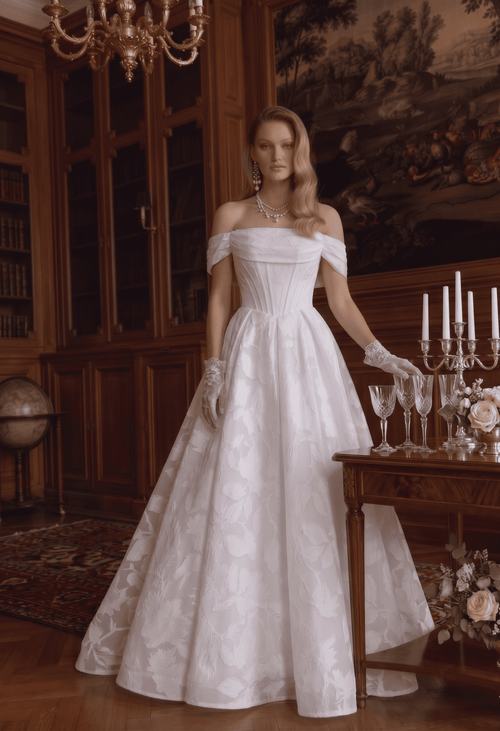 Off-White Floral Jacquard Wedding Dress with Detachable Off-Shoulder Straps by Tina Holly TW623