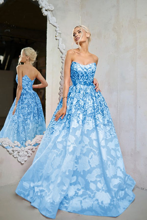 Strapless Floral Jacquard A-Line Gown Corset Prom Dress with Sweep Train by Tina Holly TW624