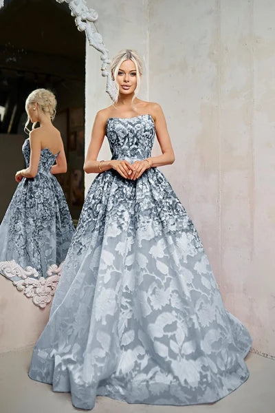 Strapless Floral Jacquard A-Line Gown Corset Prom Dress with Sweep Train by Tina Holly TW624