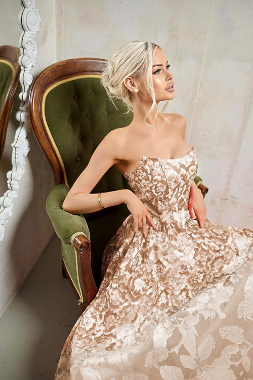 Strapless Floral Jacquard A-Line Gown Corset Prom Dress with Sweep Train by Tina Holly TW624